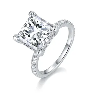 Princess cut 5 carat moissanite silver ring featuring brilliant facets and pavé band