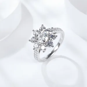 Macro view of sunflower shaped moissanite ring with sparkling cluster setting in 925 silver