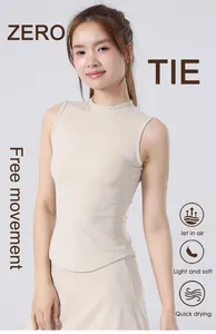 Detail showing breathable fabric of a beige slim-fit sleeveless yoga top for women