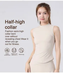 Detail view of a slim fit beige sleeveless yoga top featuring a half-high collar.