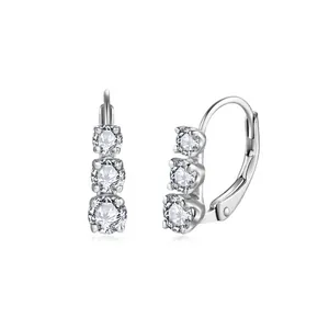 Elegant S925 silver three-stone moissanite leverback earrings with 4.0mm round stones