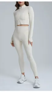 Ensemble de yoga crème respirant pour femme, legging taille haute et veste zippée