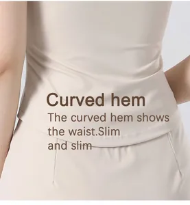 Close-up of a sleeveless yoga top featuring a stylish curved hem for a slim and waist-shaping look
