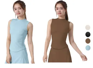 High-quality sleeveless slim fit yoga tank tops for women shown in blue and brown colors