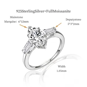 Detailed view of 925 sterling silver marquise moissanite ring with specific dimensions