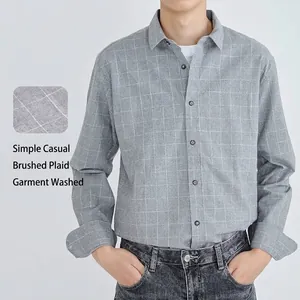 Men Japanese Casual Plaid Shirt Brushed Cotton Long Sleeve Top Minimalist Loose Fit Turn-down Collar Embroidered Shirt