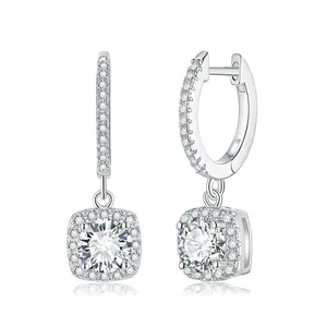D Color Moissanite Princess Cut Square Halo Drop Earrings 925 Sterling Silver Hook Earrings For Women With GRA Certificate Elegant Fine Jewelry