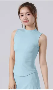 Close-up of a women's slim-fit sleeveless yoga top in light blue quick-dry fabric