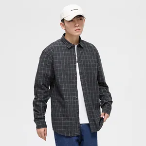 Men's Japanese style brushed plaid long-sleeve shirt in dark grey grid pattern