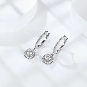 Elegant D color moissanite princess cut square halo drop earrings with pavé hoops