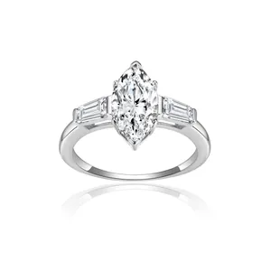 Marquise Cut Moissanite 925 Sterling Silver Ring For Women Baguette Side Stone Three Stone Engagement Wedding Ring GRA
