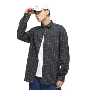 Men's Japanese style casual brushed plaid long-sleeved shirt in dark grey grid pattern
