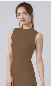 Detailed view of a slim fit brown sleeveless yoga top for women's athletic activities