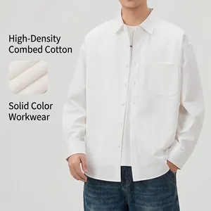 Camicia da uomo a maniche lunghe in cotone pettinato bianco stile utility ampio