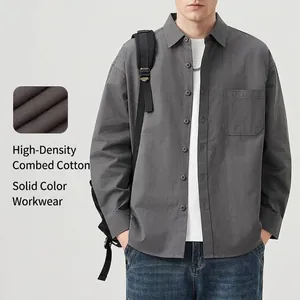Camicia classica da uomo in cotone stile retrò, vestibilità comoda, grigio scuro