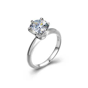 Anello classico in argento S925 con moissanite da 2 carati e montatura a 6 griffe