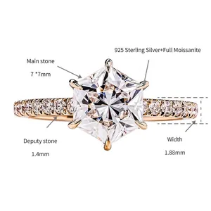 Macro detail of hexagonal moissanite ring showing 7mm main stone and band measurements