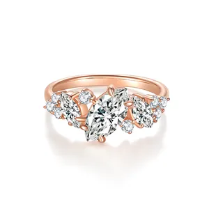 Elegant marquise-cut Moissanite ring in 18k rose gold plated silver asymmetrical design