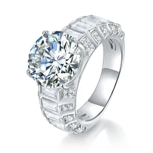 Luxury 925 Sterling Silver 5ct Round Moissanite Ring For Women With Tapered Baguette Cut Side Stones GRA Certificate Gift