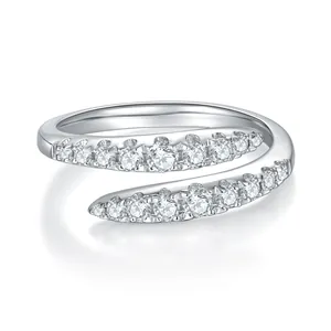 Anillo de Plata de Ley 925 con Moissanita para Mujer Doble Fila Pavé Ajustable Abierto Alianza de Boda Joyería de Moda