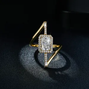 Detailed macro view of the 2ct Radiant Moissanite asymmetric gold-plated silver ring