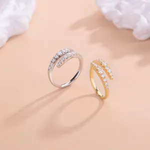 Elegante anillo de boda ajustable de moissanita de doble fila para mujer en plata y oro
