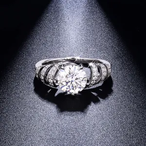 Macro detail of 1.5 carat round moissanite engagement ring in S925 silver setting