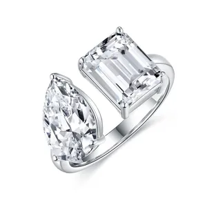 925 Sterling Silber Moissanit Ring Toi Et Moi Birne Smaragd Schliff Verstellbarer Offener Ring Für Damen Schmuck Mit GRA Zertifikat