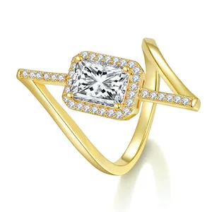 Elegant asymmetrical gold-plated silver ring featuring a 2ct radiant-cut moissanite stone
