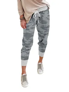 Close-up detail of women's gray camouflage joggers featuring a drawstring and ribbed cuffs
