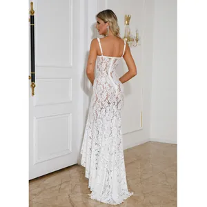 Back view of an elegant white sheer lace maxi dress with delicate floral patterns