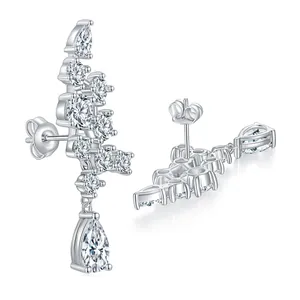 Elegant 925 sterling silver cluster drop earrings with pear-shaped moissanite stones