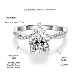 Close-up detail of 7x10mm pear-shaped moissanite ring crafted in 925 sterling silver