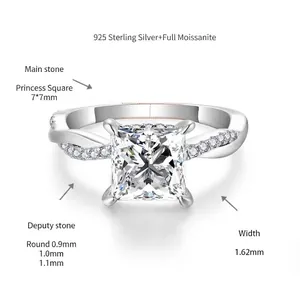 Detail view of 2ct princess cut moissanite ring with vine style band details