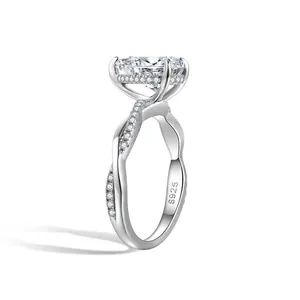 Detailed side view of an S925 sterling silver moissanite engagement ring with twisted band