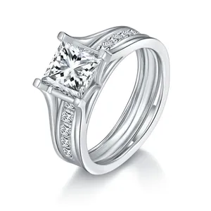 Juego de Anillos de Moissanita Corte Princesa Plata de Ley 925 Chapado en Oro Blanco de 18K Anillo Apilable Joyería Mujer Con GRA