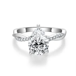 GRA 925 Sterling Silver Pear Cut Moissanite Ring Women Twist Band Pave Inlaid Engagement Ring Stackable Jewelry Gift
