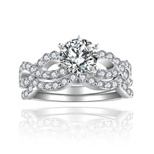 Set di Anelli di Fidanzamento in Moissanite in Argento Sterling 925 per Donna Pietra Principale Rotonda Fede Nuziale Impilabile Certificato GRA