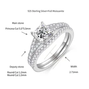 Detailed dimension diagram of 925 sterling silver princess cut moissanite ring set