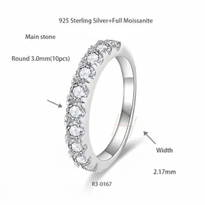 Detail view of a 925 silver eternity ring with 10 moissanite stones and measurements.