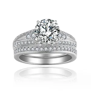 Conjunto de Anillos de Compromiso de Moissanita Redonda Vintage para Mujer Plata de Ley 925 Bordes Milgrain Certificado GRA Incluido Joyas de Boda
