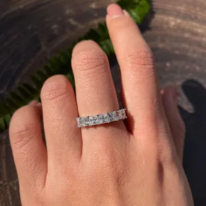 Detailed macro view showing a 3.5mm princess cut moissanite ring in S925 silver
