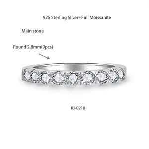 Detailed view of a 925 sterling silver eternity ring set with round moissanite stones