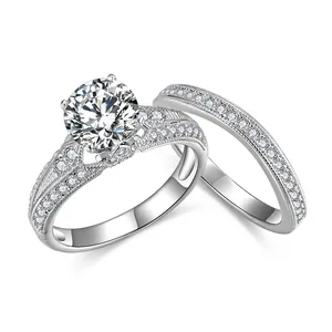 Elegante conjunto de anillos de boda vintage de Moissanita de 1,5 ct con bordes milgrain