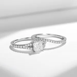 Detailed view of a 1ct princess cut moissanite ring set in S925 sterling silver for women.