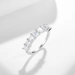 Close-up of S925 sterling silver ring featuring 3.5mm princess-cut moissanite stones
