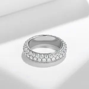 Macro view of S925 silver eternity band with triple row pavé-set moissanite diamonds