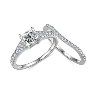 Elegant 1ct princess cut moissanite engagement wedding ring set in premium S925 silver