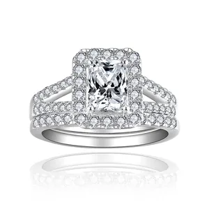 Juego de Anillos de Moissanita Corte Radiant Plata de Ley 925 Chapado en Oro Blanco 18k Anillo de Compromiso Apilable Mujer Certificado GRA