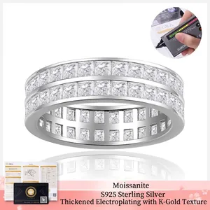 Anillo de Eternidad de Doble Fila Moissanita Corte Princesa 2mm Plata de Ley 925 Chapado en Oro Blanco 18K Anillo GRA